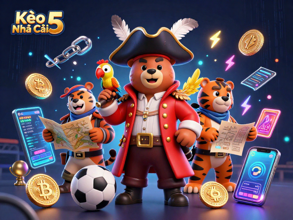 Engage with Kèo Nhà Cái 5's thrilling sports betting scene featuring dynamic 3D characters and vibrant cryptocurrency elements.