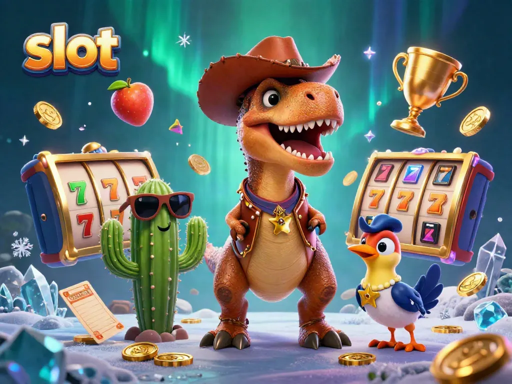 Experience the excitement of slot games with a vibrant 3D T-Rex, cactus, and roadrunner in this dynamic casino scene.