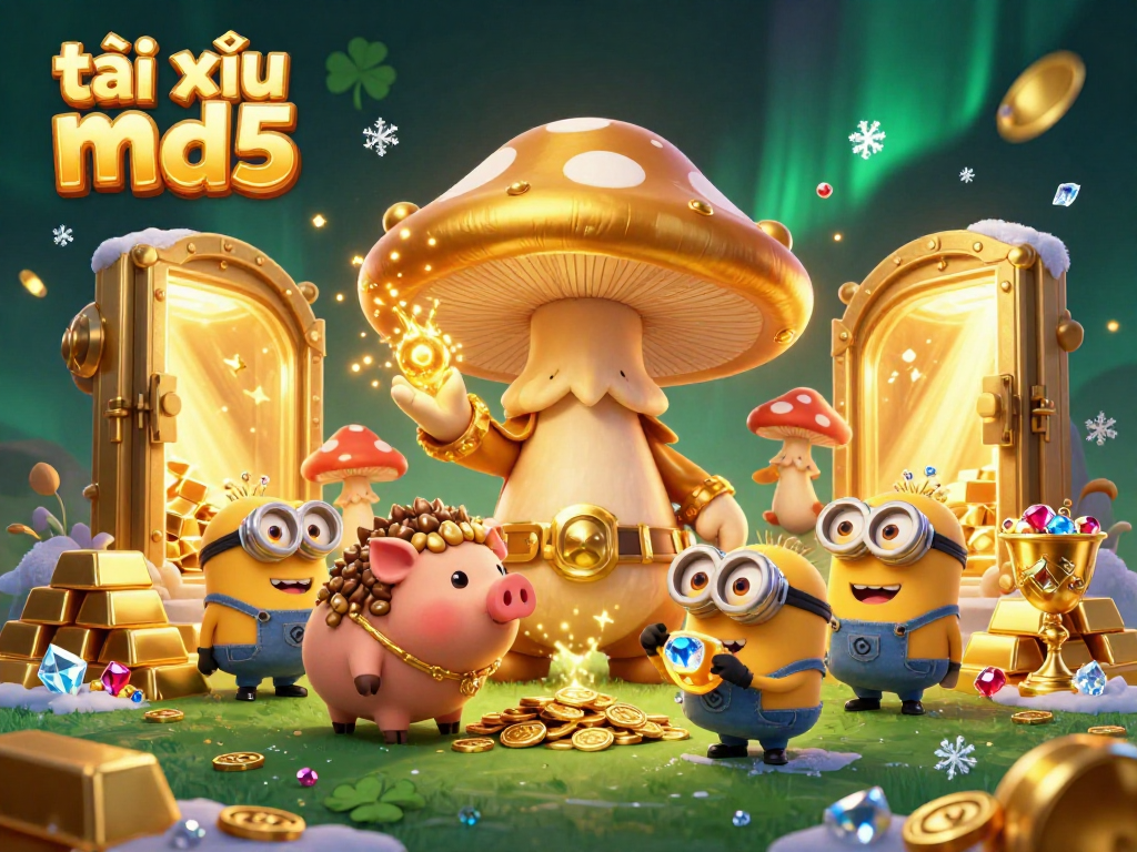 Experience tài xỉu md5 gaming magic with a golden mushroom wizard and treasures in this vibrant casino scene.
