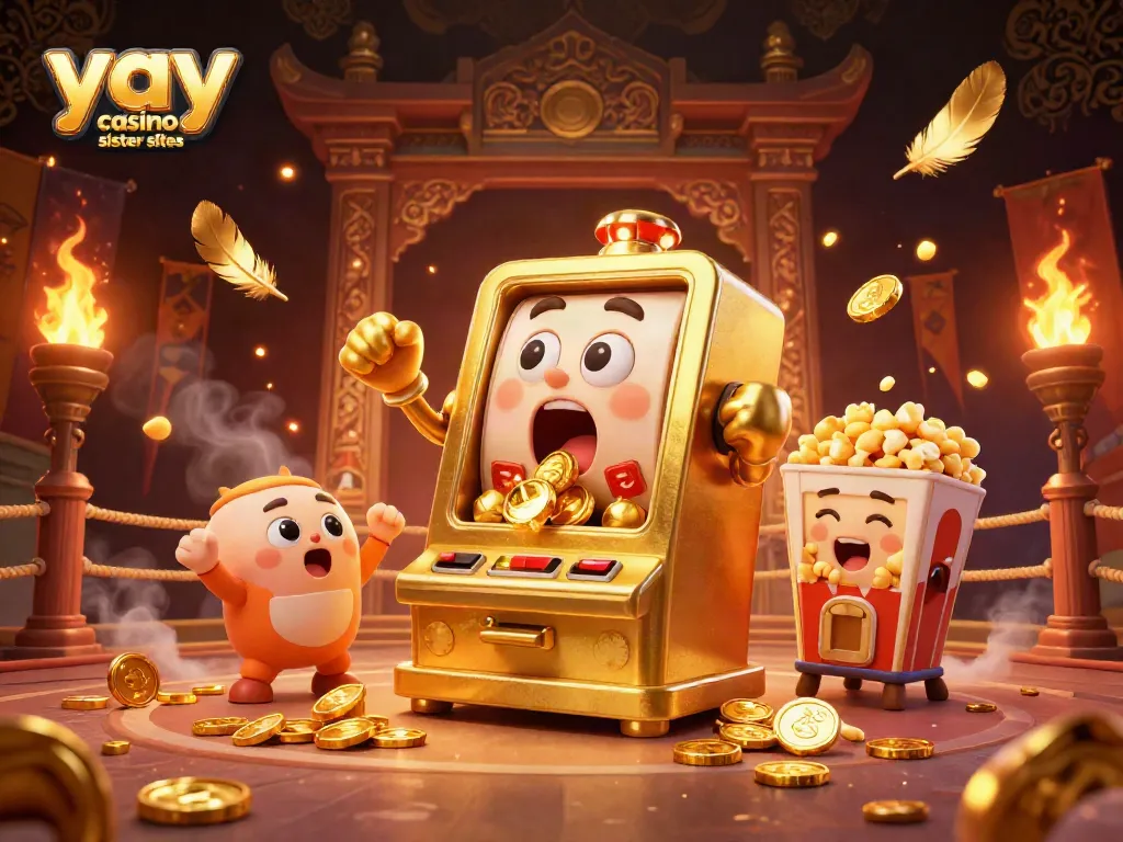 Spin and win at yay casino sister sites with golden slot machines celebrating a jackpot.