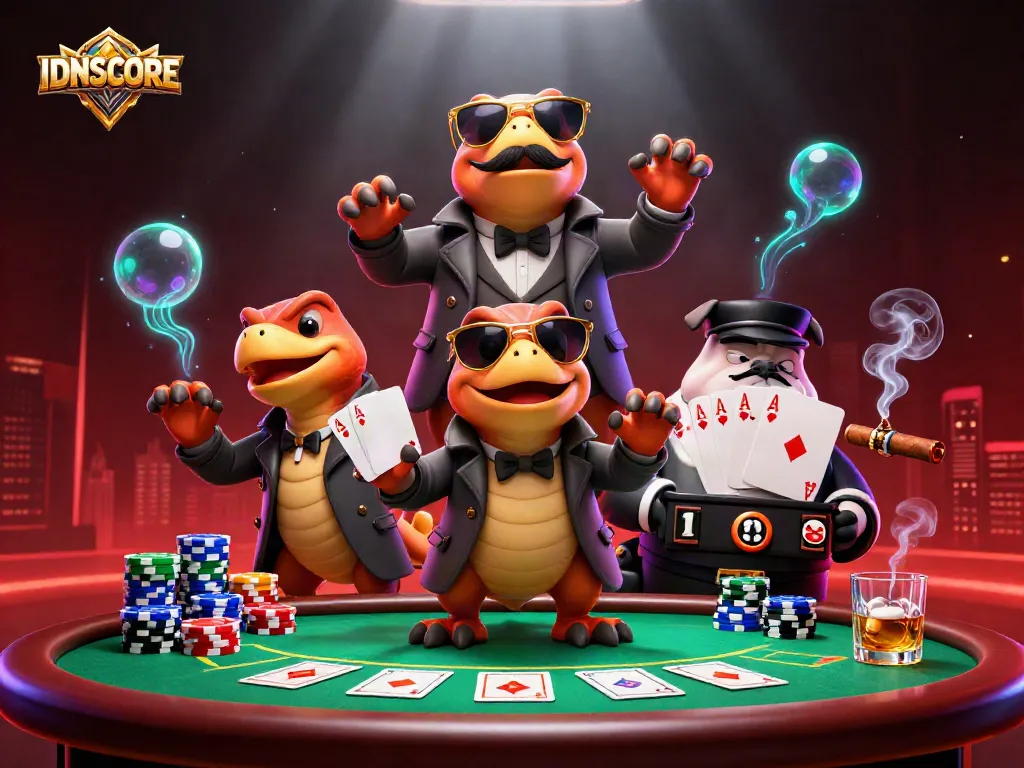 Experience IDNSCORE's dynamic VIP casino scene with raptors in disguise and vibrant poker elements.