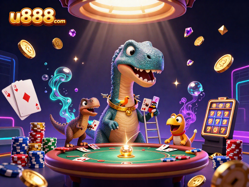 u888com showcases a vibrant casino scene with a brontosaurus and clever raptor dealing cards, surrounded by dynamic game elements.