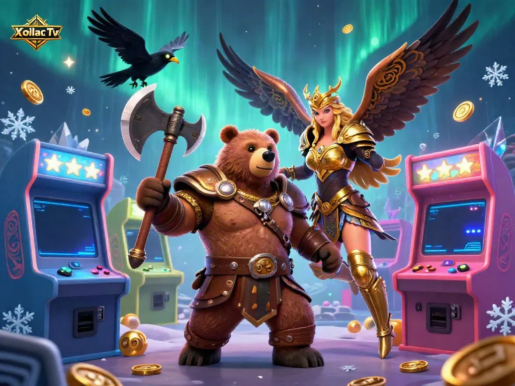 Xoilac Tv showcases an engaging gaming scene with a Viking bear and Valkyrie eagle in a rich casino environment.