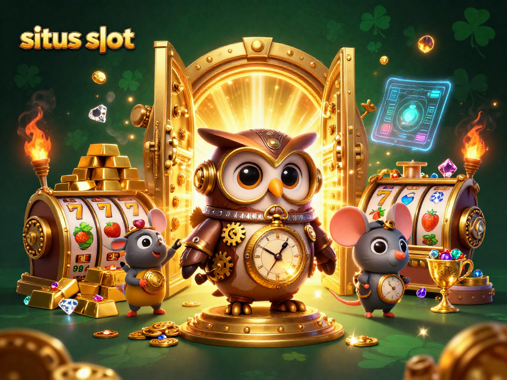 Permainan situs slot dengan karakter hiburan dalam ilustrasi 3D yang menarik dan elemen kasino.