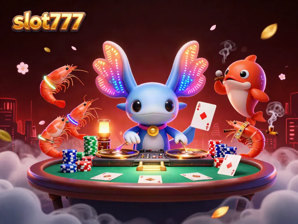 Slot777 dan suasana kasino meriah dengan karakter lucu di dunia digital.