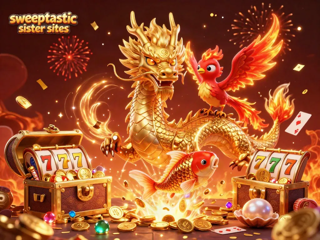Engage with Sweeptastic sister sites' golden dragon and lucky koi fish in a thrilling casino adventure.