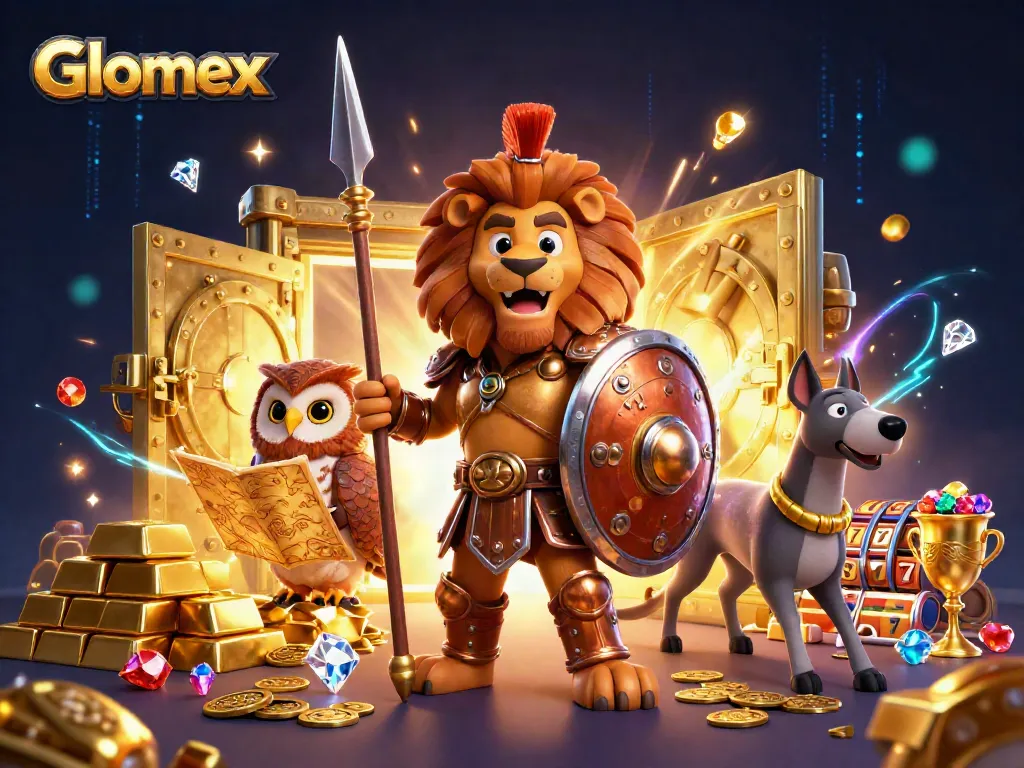 Engage with Glomex's thrilling casino realms through an exhilarating illustration of characters amidst treasures.