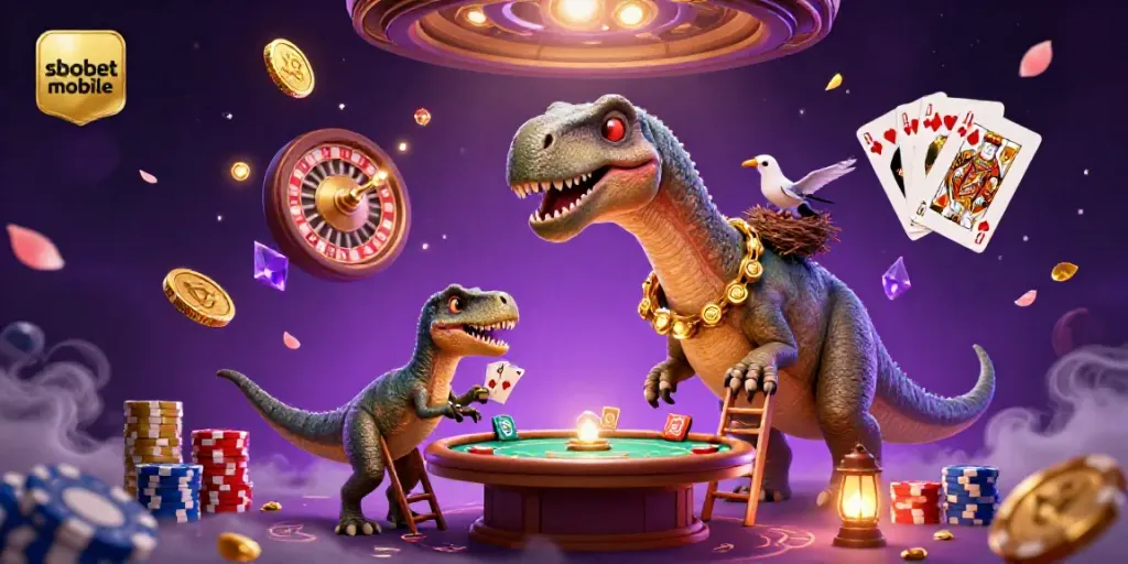 Experience sbobet mobile betting with dynamic characters and casino elements in a colorful 3D illustration.