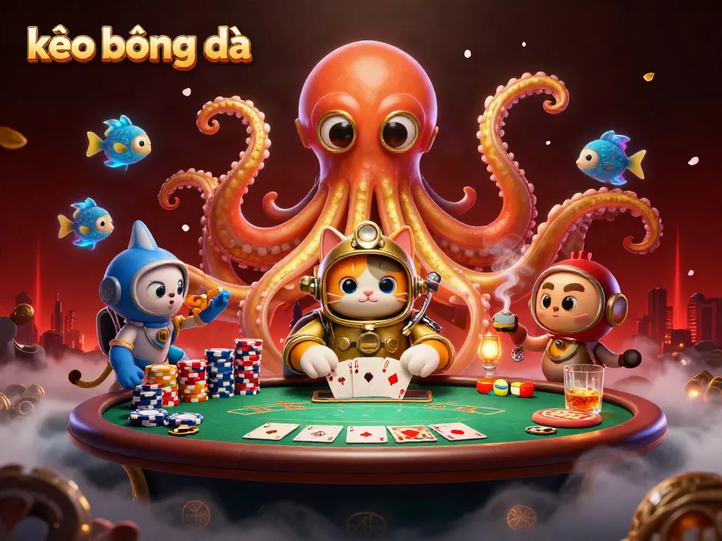 Experience thrilling kèo bóng đá action with a kraken, diving cat, and vibrant poker table scene.