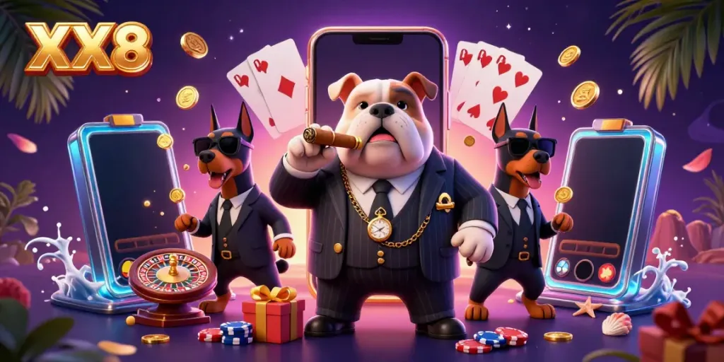 Engaging XX8 gaming scene with a mafia bulldog and Doberman bodyguards enjoying vibrant casino elements.