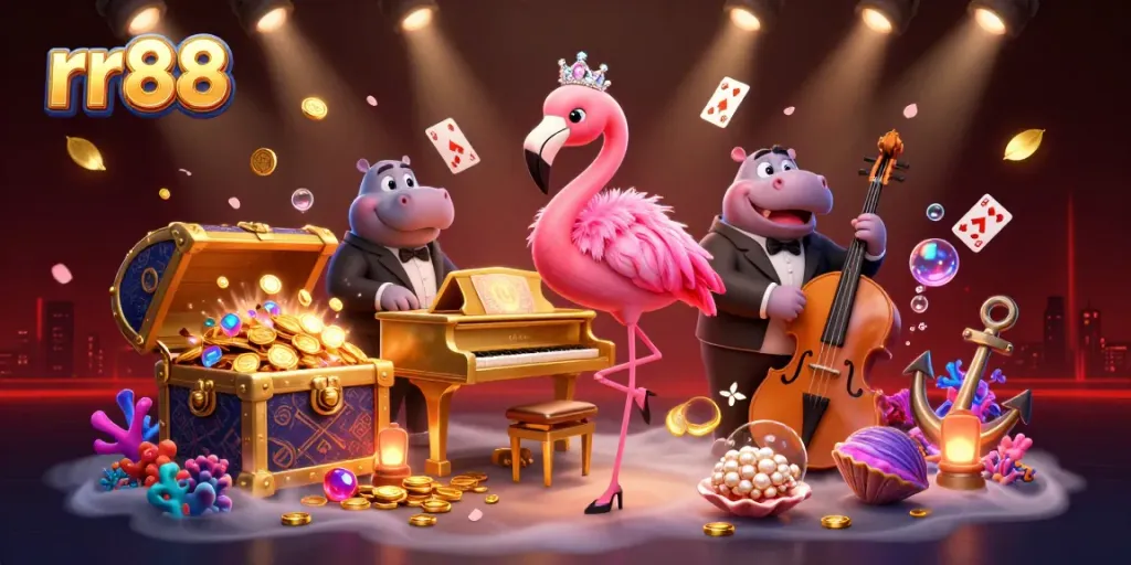 Experience rr88 with dynamic casino characters and vibrant gaming elements in a lively 3D illustration.