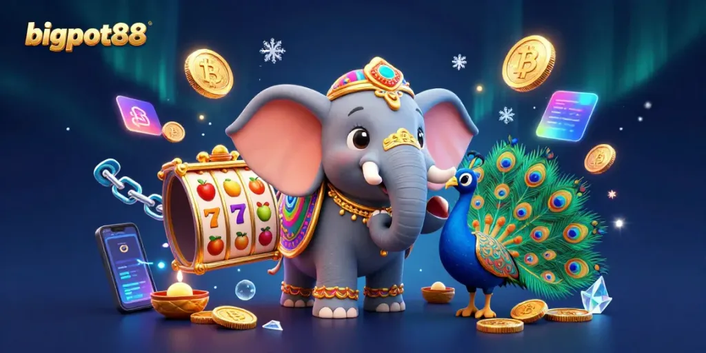 Experience bigpot88 with a vibrant 3D illustration featuring an elephant and peacock amidst casino elements and cryptocurrencies.