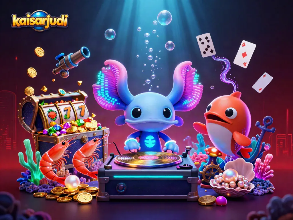 Kaisarjudi illustrates a neon axolotl DJ spinning golden records in a vibrant underwater casino scene.