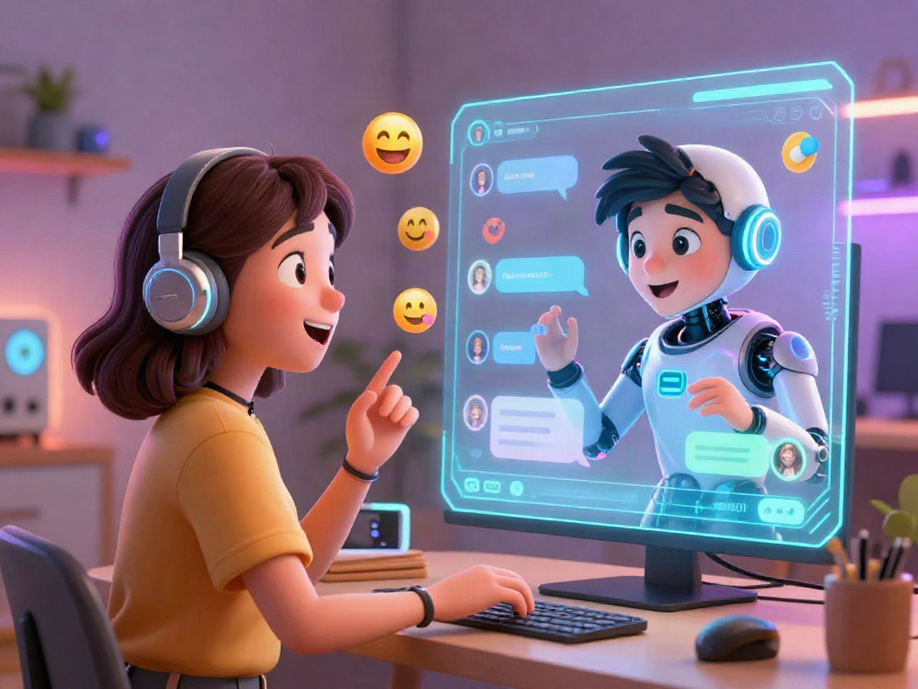 Dynamic virtual scene of characters interacting in a hentai ai chat environment, featuring a futuristic chatbot.