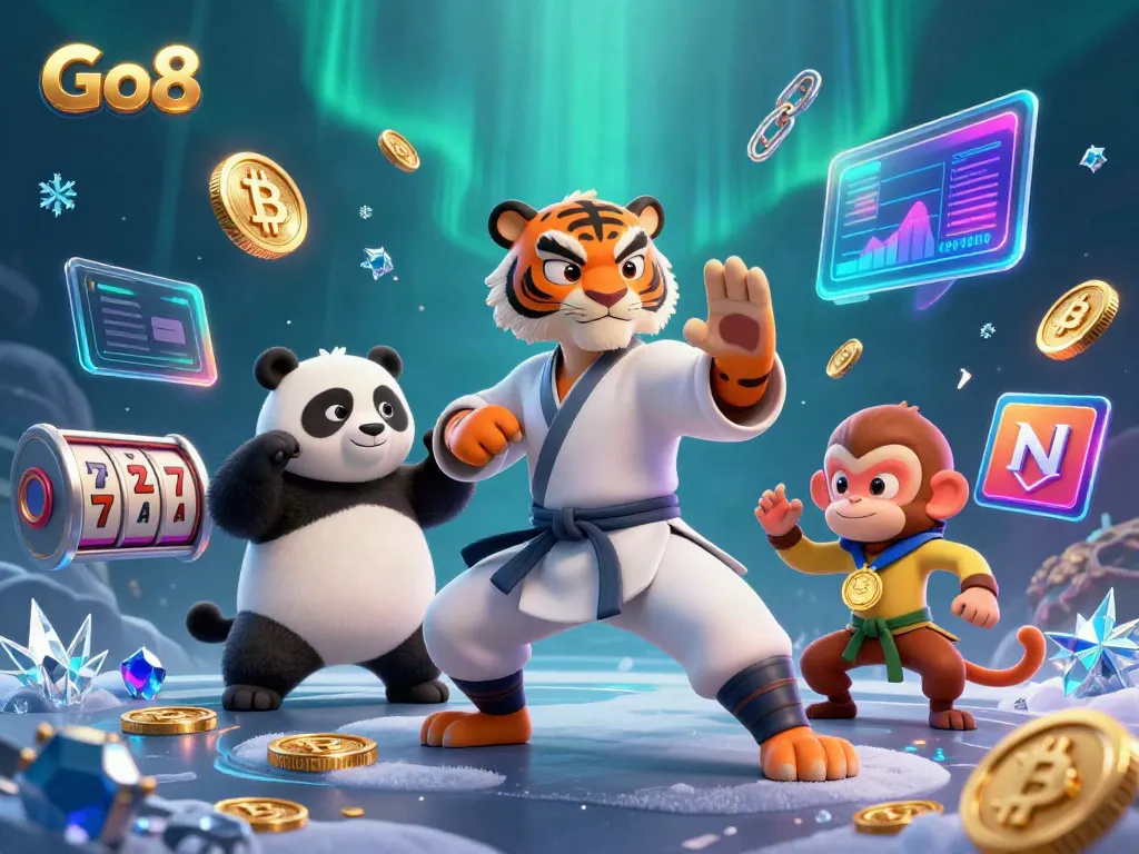 Experience Go8 casino thrills with Kung Fu characters amidst crypto and slot elements in a vibrant scene.