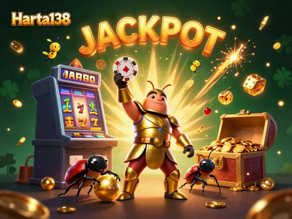 Harta138 merayakan kemenangan dengan jackpot dan kemenangan cepat dalam ilustrasi slot yang dinamis.