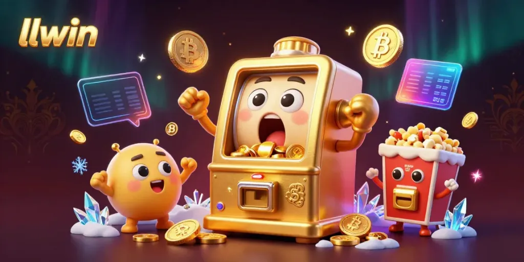 Experience thrilling wins at llwin with a golden slot machine jackpot celebration, surrounded by crypto elements.