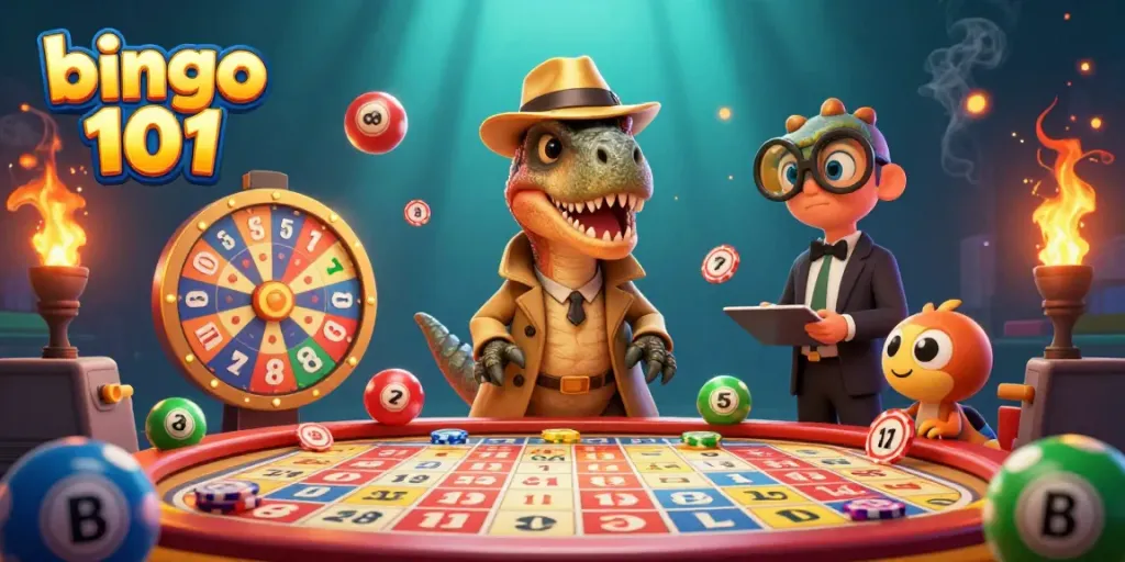 Win big with Bingo 101 as the velociraptor card counter navigates the gaming table amid vibrant bingo action.