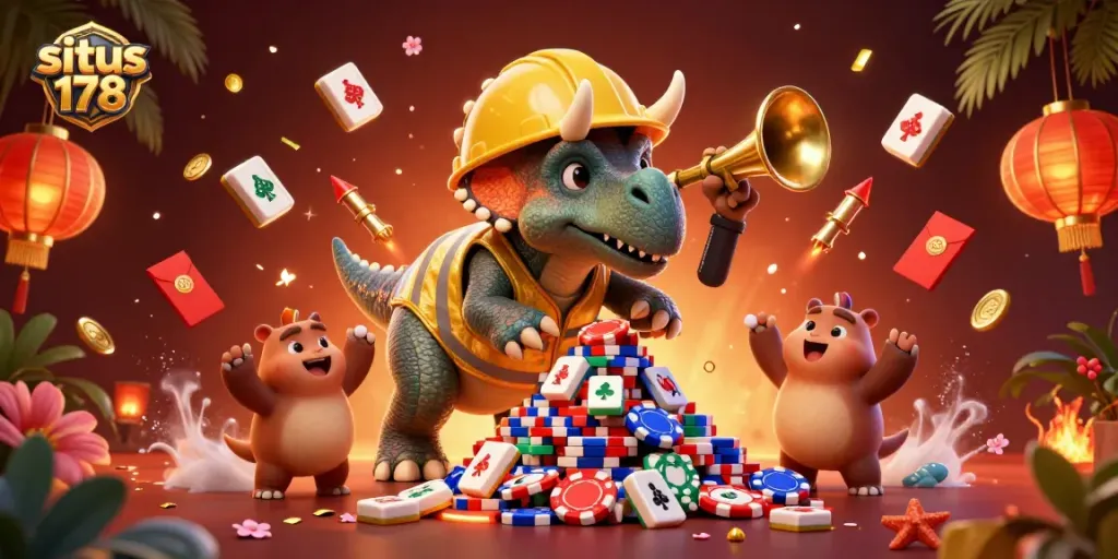 Situs 178 menghadirkan kegembiraan kasino dengan triceratops membangun chip poker.