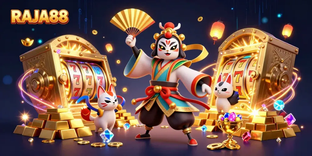 RAJA88 menampilkan ilustrasi kasino dengan karakter kabuki dan elemen slot yang menarik.