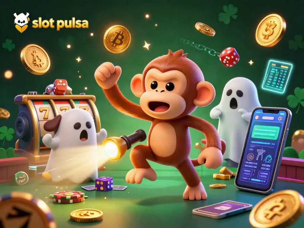 Experience the thrill of slot pulsa with a playful monkey and ghost-hunting puppy amid floating casino elements.