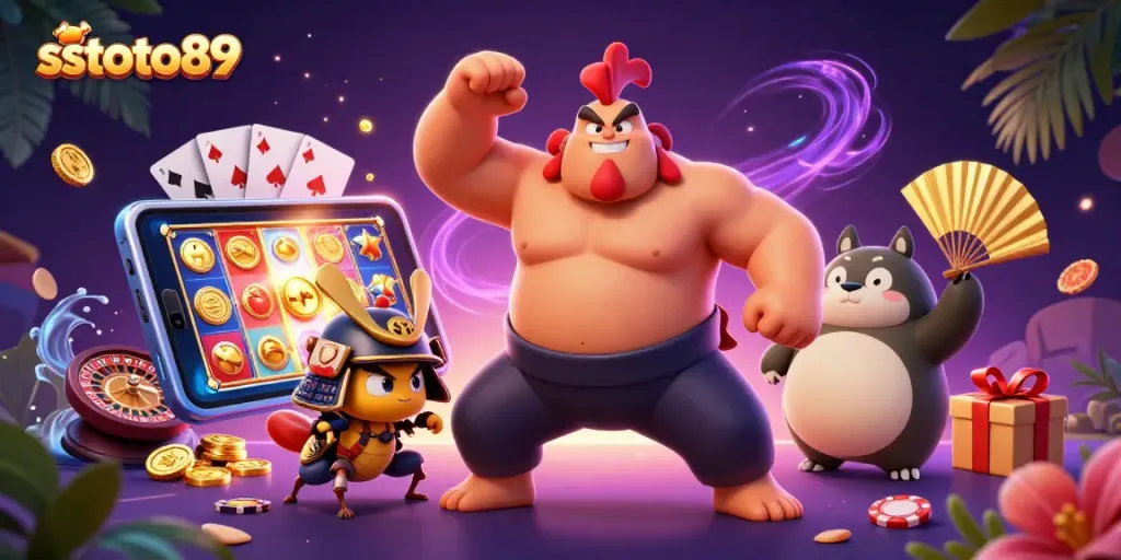 Semarak permainan slot sstoto89 dengan karakter unik dalam suasana kasino.