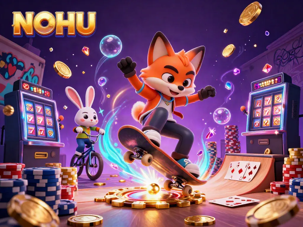 Experience thrilling gameplay at NOHU through a vibrant scene filled with exciting casino elements and cartoon characters.