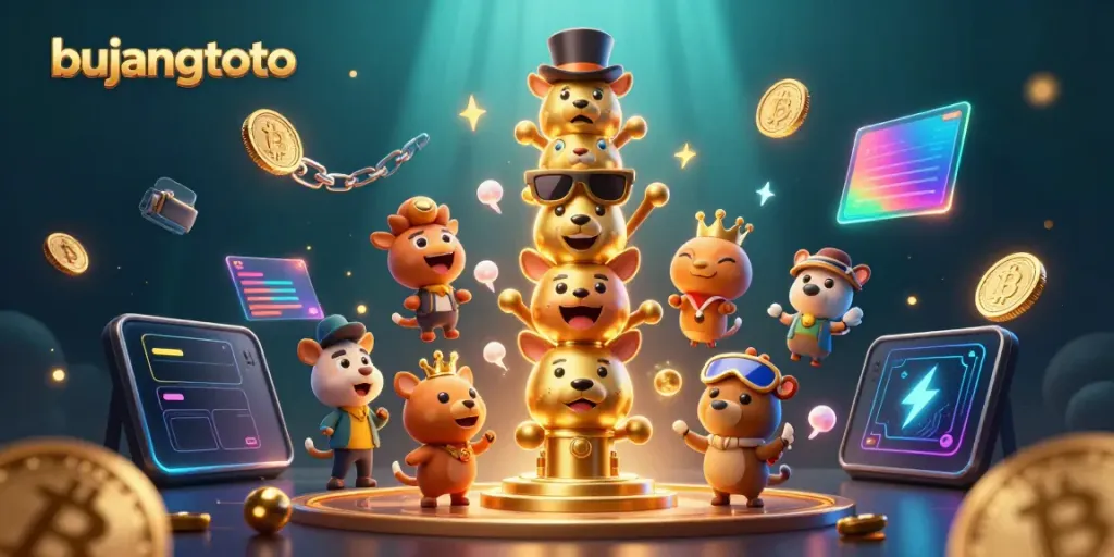 Engage with bujangtoto's vibrant online gaming scene featuring a dynamic golden totem pole and crypto elements.