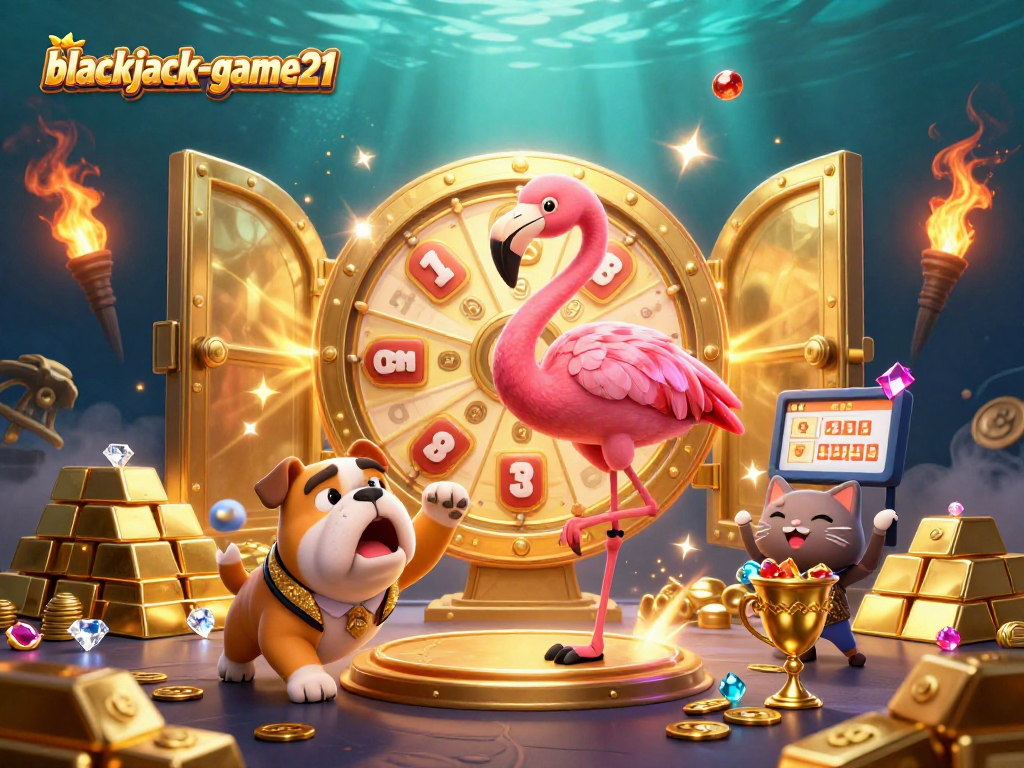Join the excitement at blackjack-game21 with a lively 3D illustration of a game show scene featuring a flamingo, bulldog, and cat assistant!