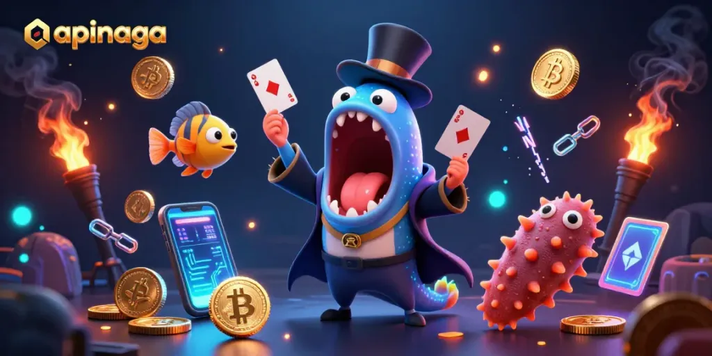 Engage with apinaga's thrilling casino magic illustrated by sea creatures performing card tricks.