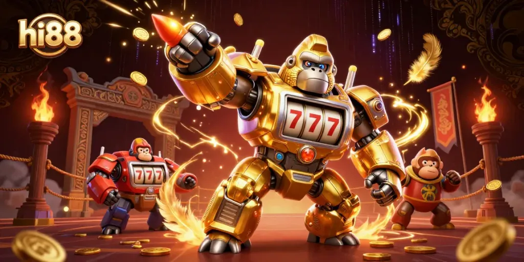 Engage with hi88's thrilling gaming scene featuring an explosive golden gorilla mech and vibrant elements.