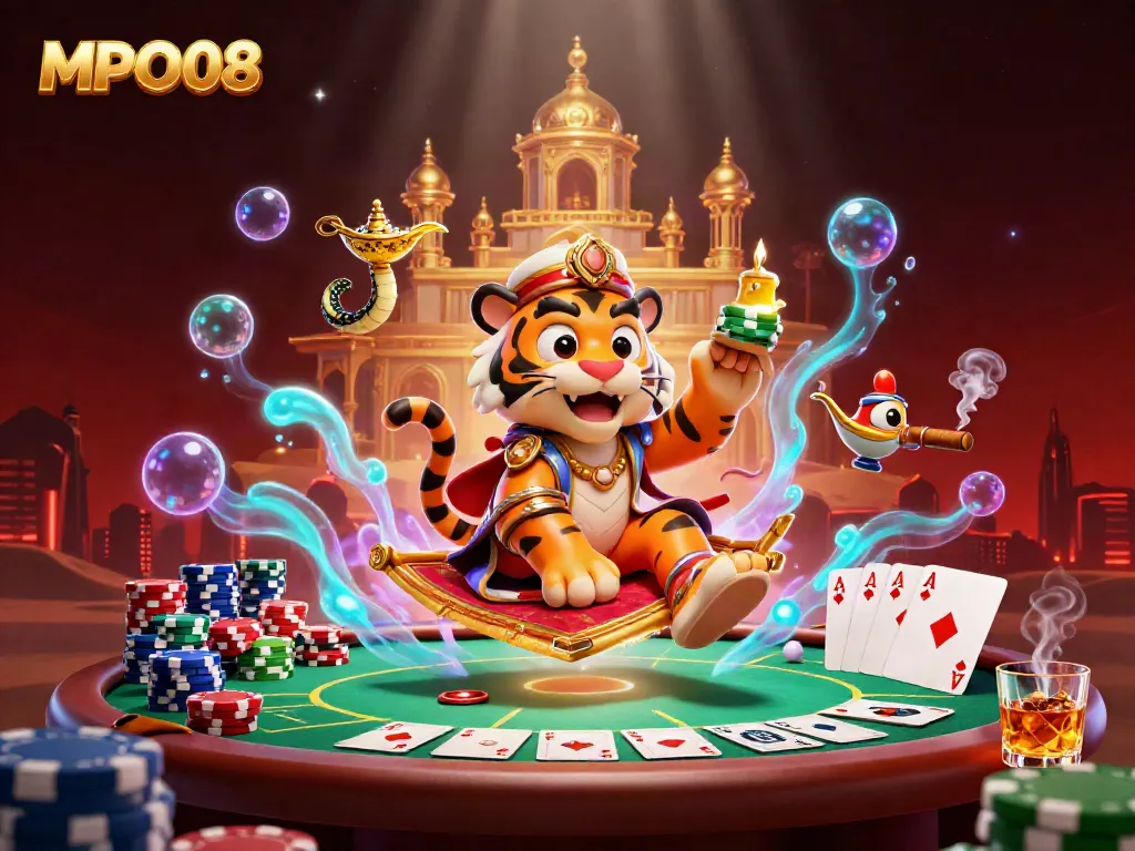 Engage players with MPO08's dynamic gambling scene featuring an Arabian tiger sultan and poker chips.
