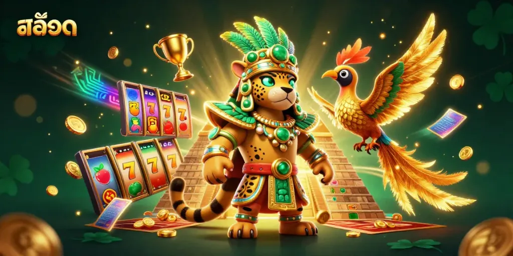 Experience thrilling slots with a Mayan jaguar priest and golden trophies in this dynamic casino scene.