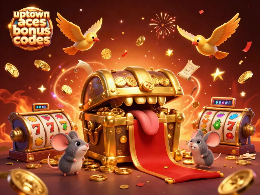 Adventurer mice attracted to golden treasure chest symbolize uptown aces bonus codes in a rich casino scene.