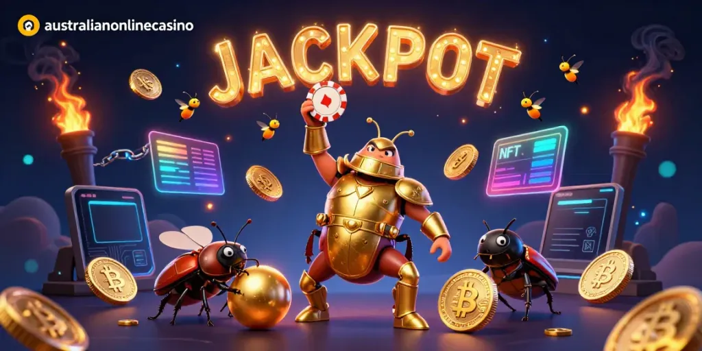 Experience the thrill of australianonlinecasino with colorful characters and crypto elements in a dynamic casino scene.