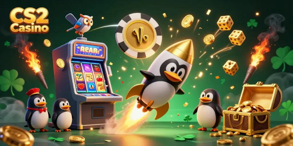 Experience thrilling gameplay at CS2 Casino with a golden penguin soaring through a spectacular galaxy.