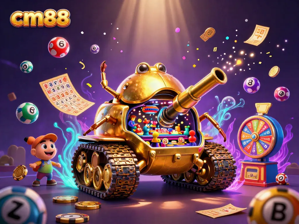 Experience the excitement of cm88 with a vibrant 3D casino scene featuring a golden beetle tank and dynamic lottery elements.