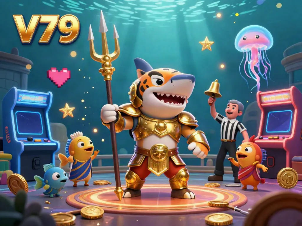 Experience thrilling gameplay at V79 with a dynamic underwater casino featuring a fierce gold-armored tiger shark.