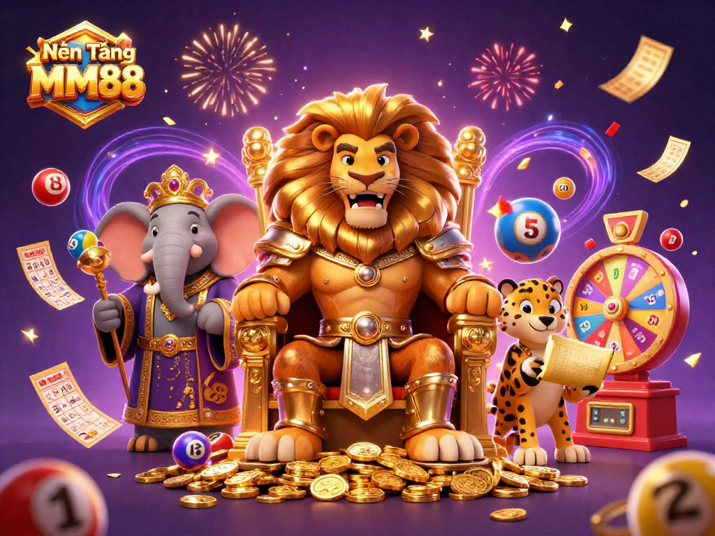 Engaging scene depicting the Nền Tảng MM88, captured in a vibrant 3D illustration featuring a lion king, an elephant advisor, and a cheetah messenger among casino elements.
