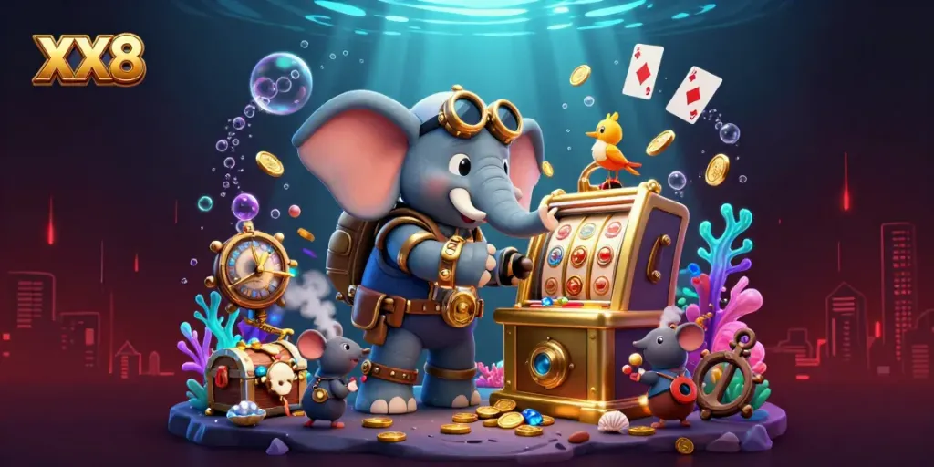 Experience the adventure with XX8, featuring a steampunk elephant and golden slot machines in an oceanic treasure scene.