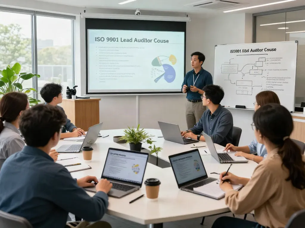 Participants in an ISO 9001 Lead Auditor Course engage in collaborative training, enhancing their auditing skills in a dynamic learning environment.