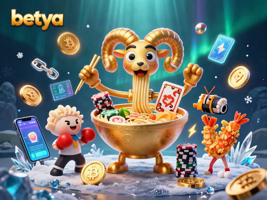 Engage in the vibrant world of Betya with a dynamic casino scene featuring whimsical characters and cryptocurrency elements.