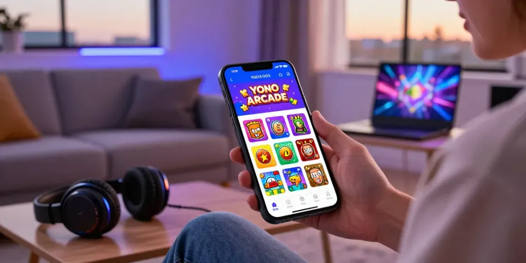 Yono Arcade app displayed on a mobile device, showcasing gaming options in a cozy setting.