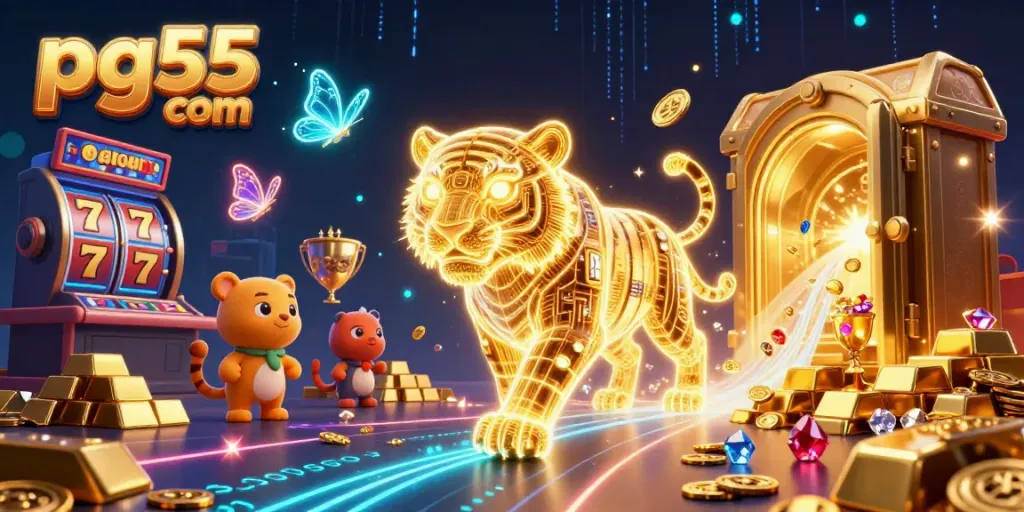 Experience thrilling slots with pg55 com in a vibrant 3D casino world filled with glowing treasures.