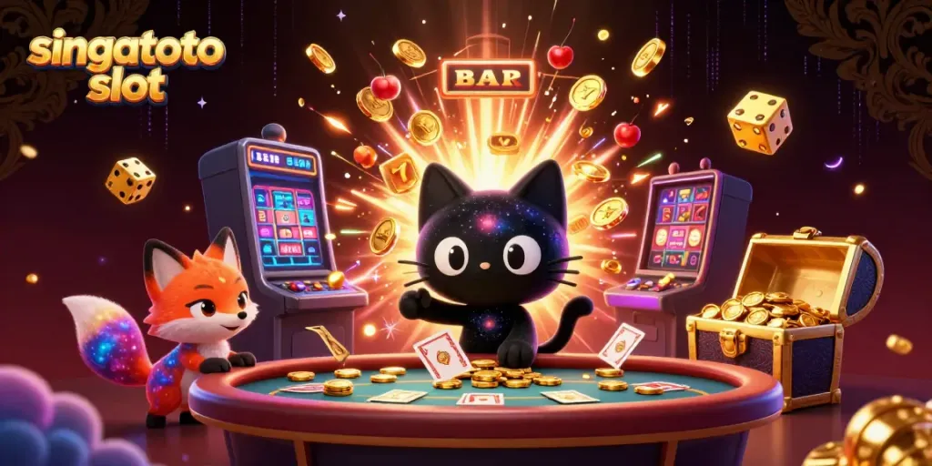Spin the reels with Singatoto slot in this vibrant cosmic casino scene filled with treasures.