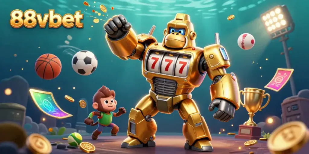 The 88vbet transformer-style gorilla mech enhances excitement with dynamic sports elements and a vibrant backdrop.