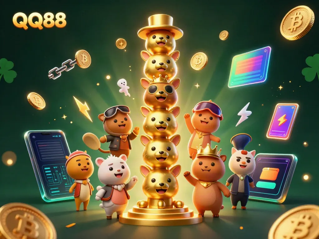 Experience thrilling gameplay at QQ88 with vibrant characters and crypto elements in a dynamic casino scene.