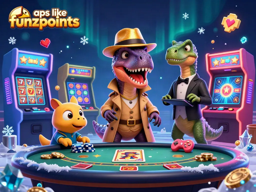 Engage with dynamic games like Funzpoints, where a velociraptor card counter and friends play at a lively blackjack table.