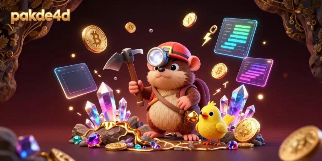 Engage with pakde4d's vibrant treasure hunting scene featuring neon cryptocurrencies and charming 3D characters.