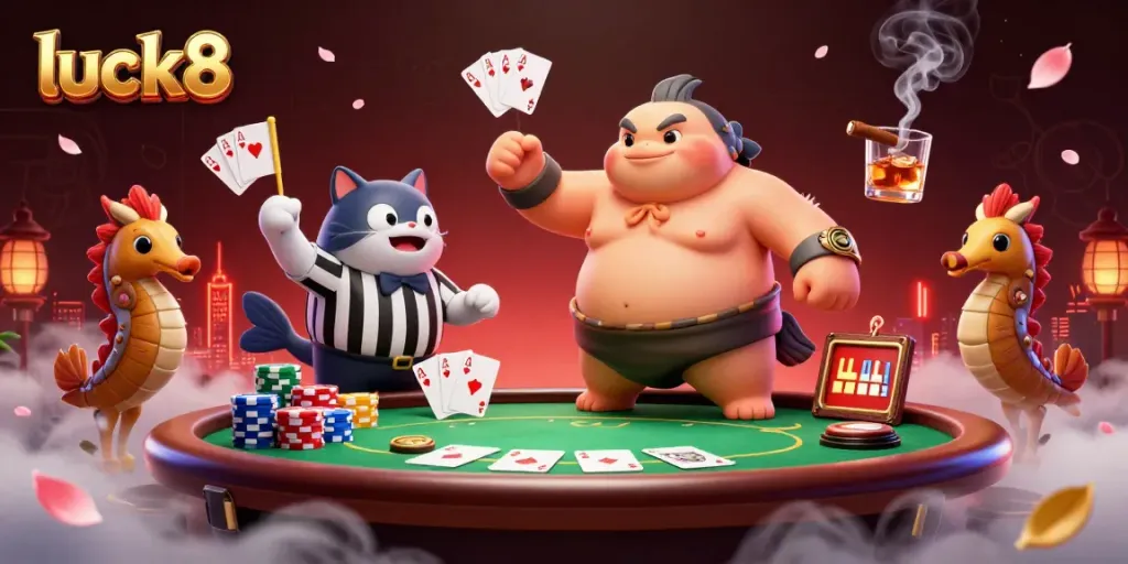 Luck8 themed 3D cartoon illustration featuring a fugu in a sumo belt, poker elements and vibrant atmosphere.